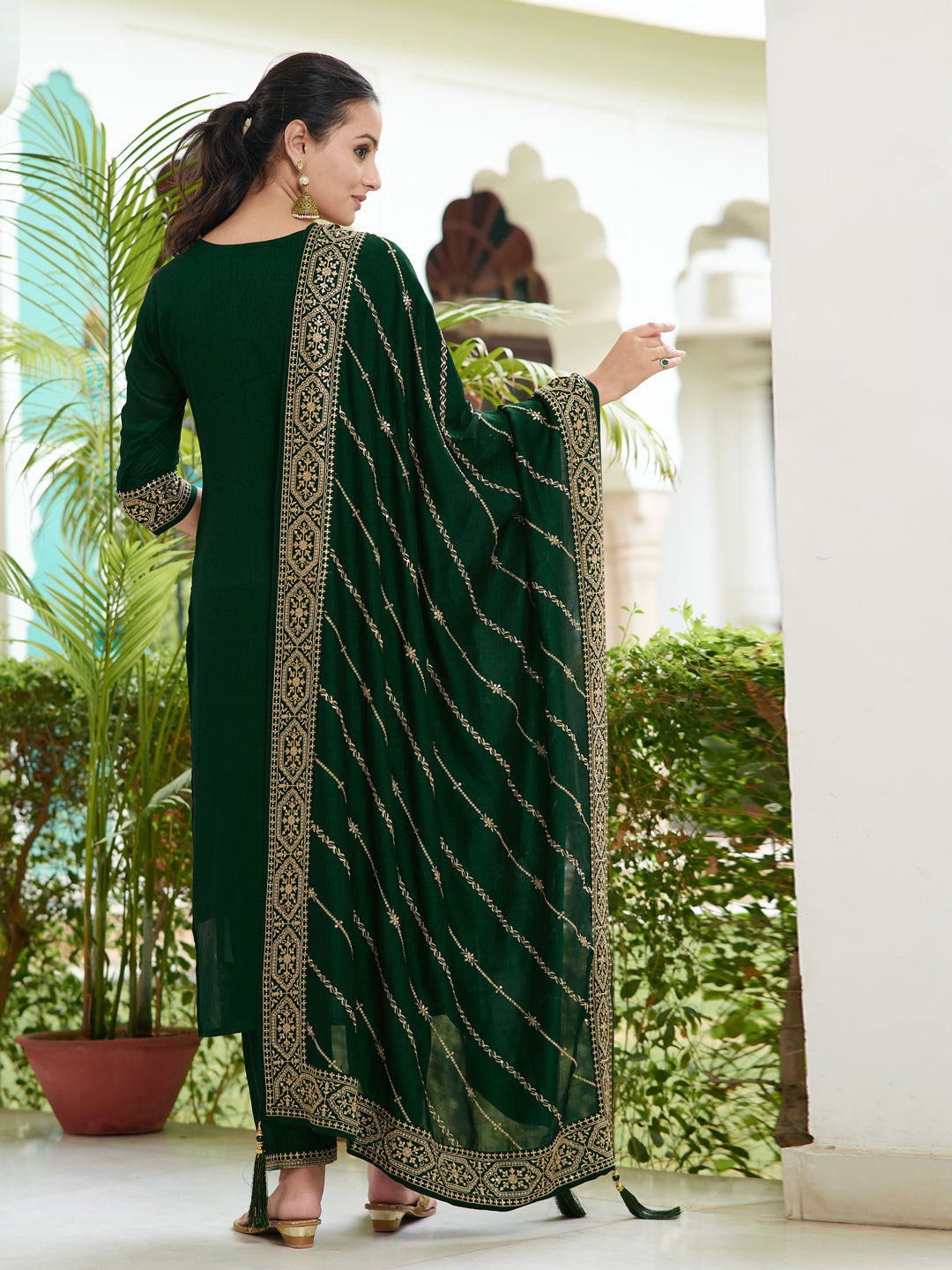 Embroidered Kurta With Pant & Embroidered Dupatta, Bottle-Green - Hiral Fashion - Distacart