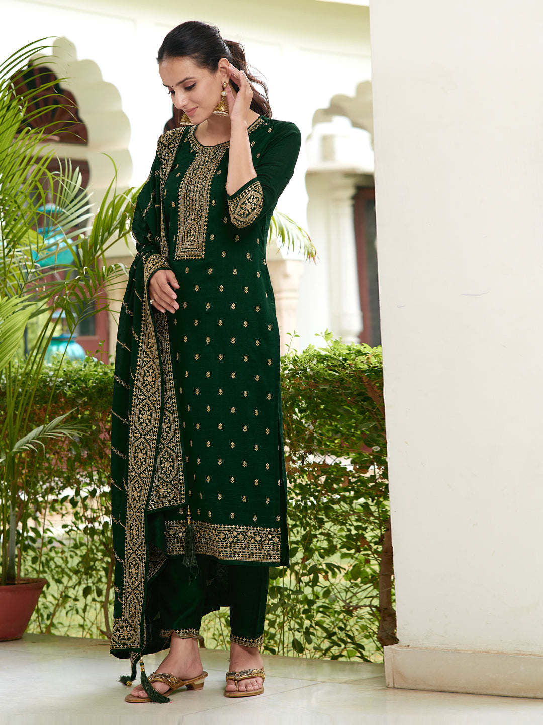 Embroidered Kurta With Pant & Embroidered Dupatta, Bottle-Green - Hiral Fashion - Distacart