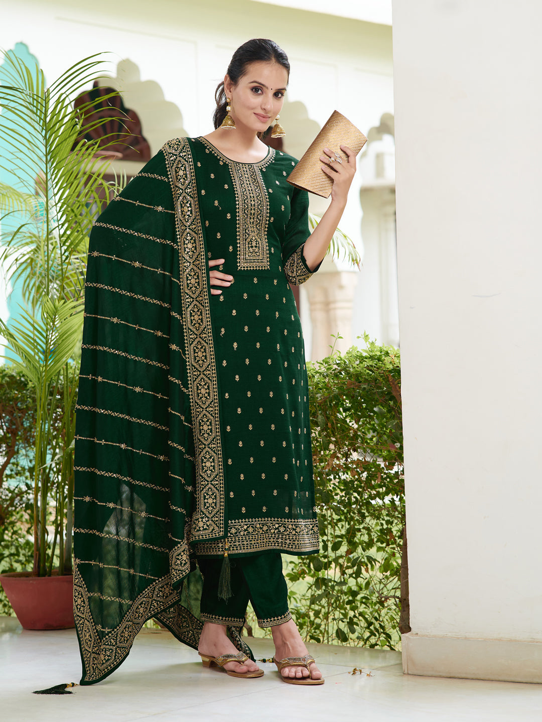 Embroidered Kurta With Pant & Embroidered Dupatta, Bottle-Green - Hiral Fashion - Distacart