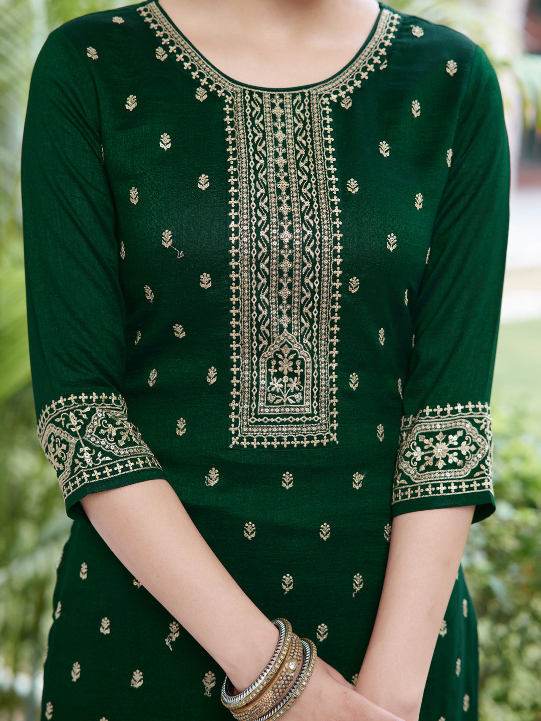 Embroidered Kurta With Pant & Embroidered Dupatta, Bottle-Green - Hiral Fashion - Distacart
