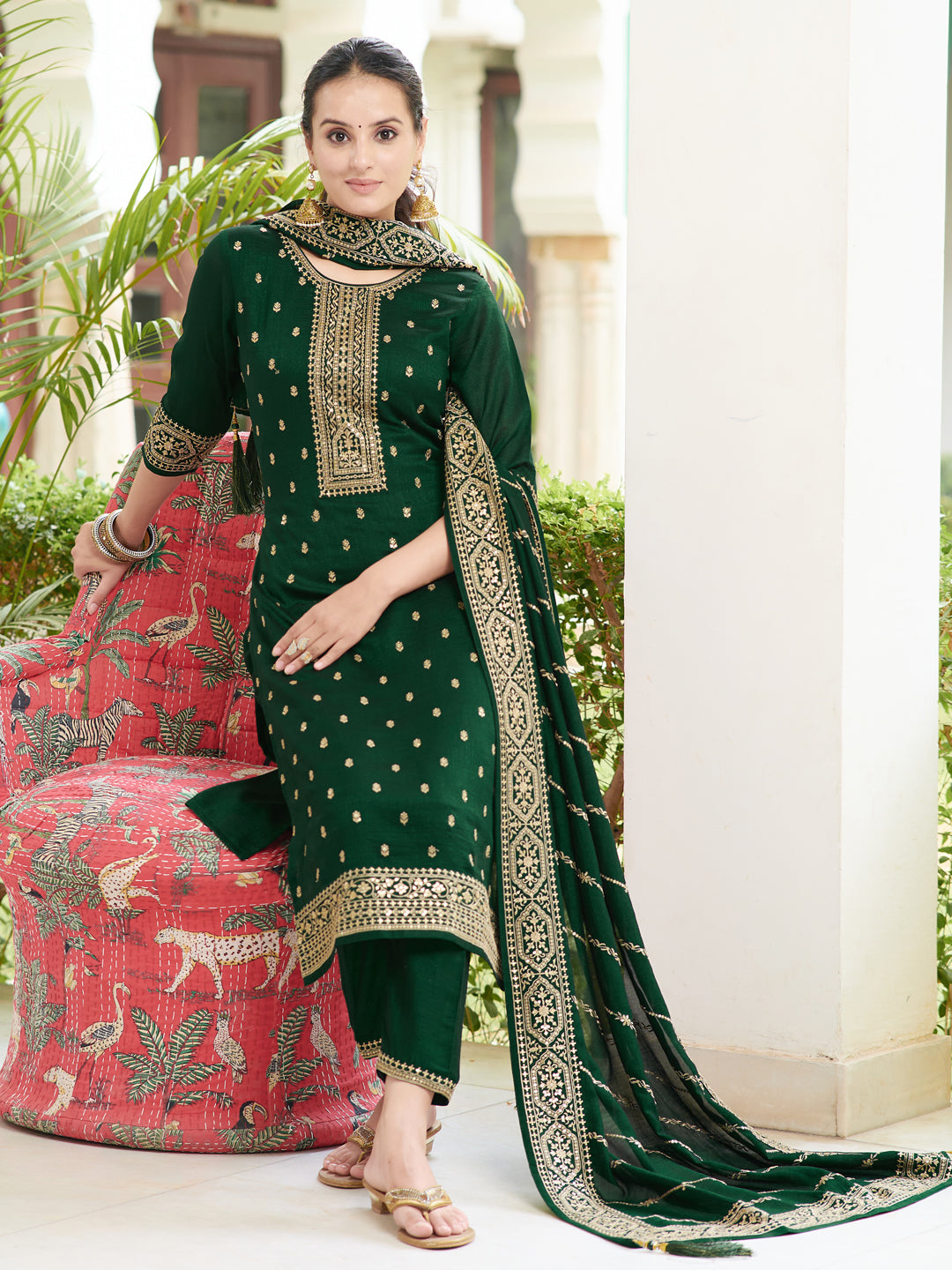 Embroidered Kurta With Pant & Embroidered Dupatta, Bottle-Green - Hiral Fashion - Distacart