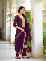 Thumbnail for Embroidered Kurta With Pant & Printed Dupatta, Wine - Hiral Fashion - Distacart