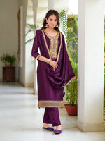 Thumbnail for Embroidered Kurta With Pant & Printed Dupatta, Wine - Hiral Fashion - Distacart