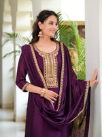 Thumbnail for Embroidered Kurta With Pant & Printed Dupatta, Wine - Hiral Fashion - Distacart