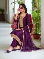 Thumbnail for Embroidered Kurta With Pant & Printed Dupatta, Wine - Hiral Fashion - Distacart