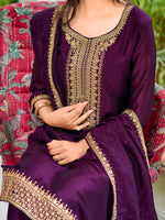 Thumbnail for Embroidered Kurta With Pant & Printed Dupatta, Wine - Hiral Fashion - Distacart