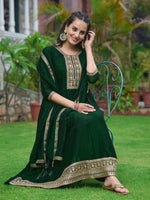 Thumbnail for Anarkali Embroidered Kurta With Pant & Dupatta, Bottle-Green - Hiral Fashion - Distacart