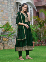 Thumbnail for Anarkali Embroidered Kurta With Pant & Dupatta, Bottle-Green - Hiral Fashion - Distacart