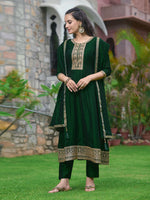 Thumbnail for Anarkali Embroidered Kurta With Pant & Dupatta, Bottle-Green - Hiral Fashion - Distacart