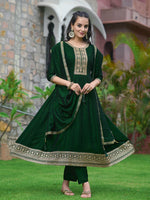 Thumbnail for Anarkali Embroidered Kurta With Pant & Dupatta, Bottle-Green - Hiral Fashion - Distacart