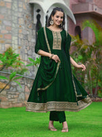 Thumbnail for Anarkali Embroidered Kurta With Pant & Dupatta, Bottle-Green - Hiral Fashion - Distacart