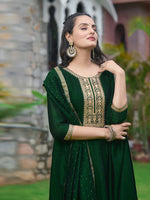 Thumbnail for Anarkali Embroidered Kurta With Pant & Dupatta, Bottle-Green - Hiral Fashion - Distacart