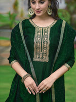 Thumbnail for Anarkali Embroidered Kurta With Pant & Dupatta, Bottle-Green - Hiral Fashion - Distacart