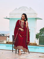 Thumbnail for Anarkali Embroidered Kurta With Pant & Dupatta, Maroon - Hiral Fashion - Distacart
