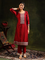 Thumbnail for Sequined Embroidered Kurta With Pant & Embroidered Dupatta, Maroon - Hiral Fashion - Distacart