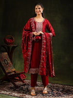 Thumbnail for Sequined Embroidered Kurta With Pant & Embroidered Dupatta, Maroon - Hiral Fashion - Distacart