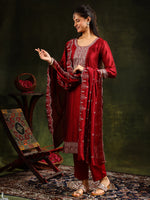 Thumbnail for Sequined Embroidered Kurta With Pant & Embroidered Dupatta, Maroon - Hiral Fashion - Distacart