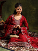 Thumbnail for Sequined Embroidered Kurta With Pant & Embroidered Dupatta, Maroon - Hiral Fashion - Distacart