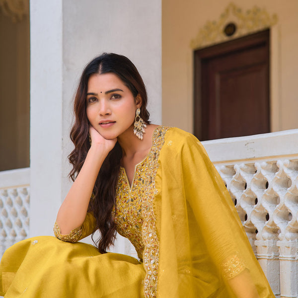 Embroidered Kurta With Pant & Embroidered Dupatta, Mustard - Hiral Fashion - Distacart