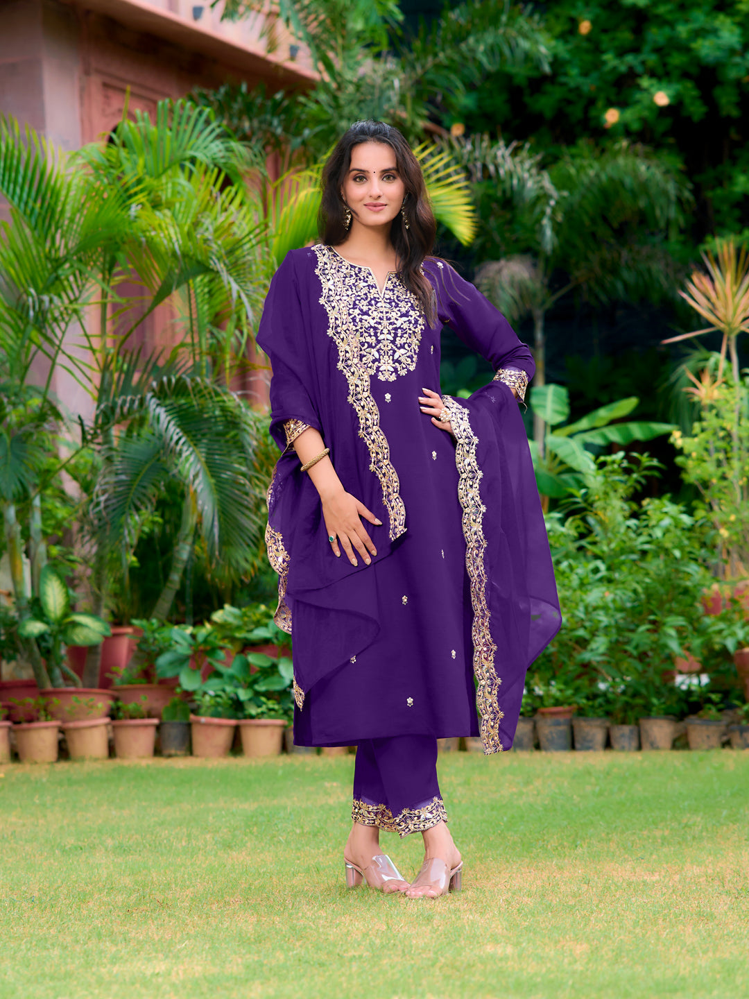 Embroidered Kurta With Pant & Embroidered Dupatta, Purple - Hiral Fashion - Distacart
