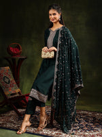 Thumbnail for Sequined Embroidered Kurta With Pant & Embroidered Dupatta, Green - Hiral Fashion - Distacart