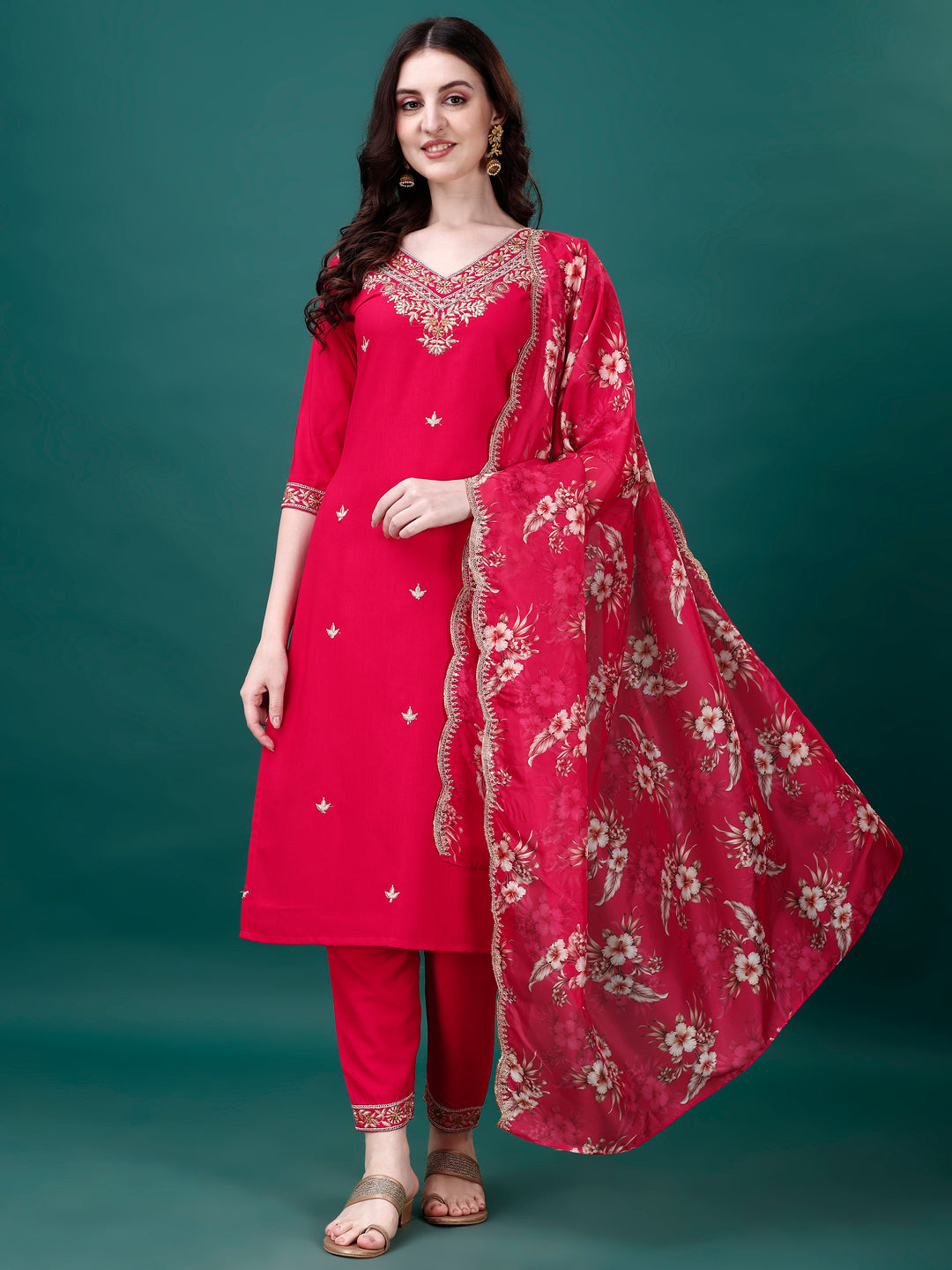 Embroidered Kurta With Pant & Embroidered & Printed Dupatta, Multicolor - Hiral Fashion - Distacart