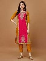 Thumbnail for Embroidered Kurta With Pant & Banarasi Jacquard Dupatta, Multicolor - Hiral Fashion - Distacart