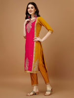 Thumbnail for Embroidered Kurta With Pant & Banarasi Jacquard Dupatta, Multicolor - Hiral Fashion - Distacart