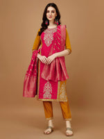 Thumbnail for Embroidered Kurta With Pant & Banarasi Jacquard Dupatta, Multicolor - Hiral Fashion - Distacart