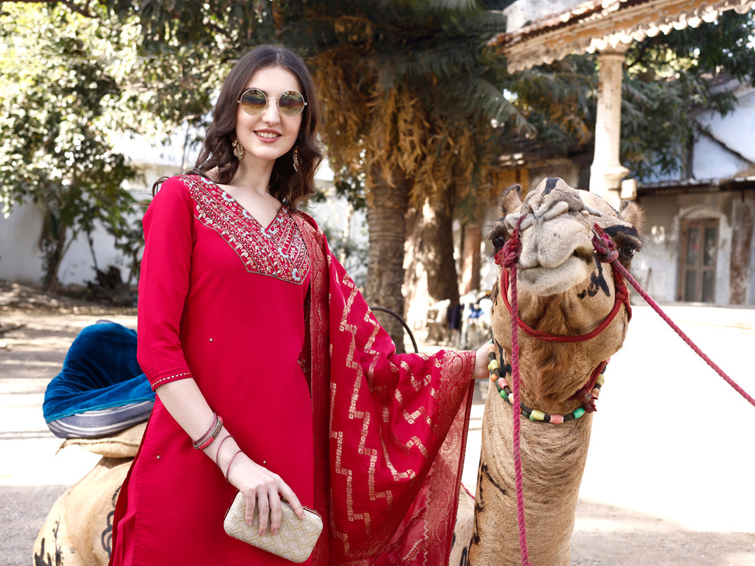 Hand Embroidered Kurta With Pant & Banarasi Dupatta Luxury, Multicolor - Hiral Fashion - Distacart