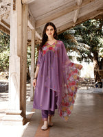 Thumbnail for Alia Cut Hand Embroidered & Floral Embroidered Kurta With Pant & Organza Embroidered Dupatta Luxury Premium, Lavender - Hiral Fashion - Distacart