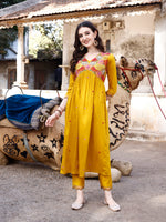 Thumbnail for Alia Cut Hand Embroidered & Floral Embroidered Kurta With Pant & Organza Embroidered Dupatta Luxury Premium, Mustard - Hiral Fashion - Distacart