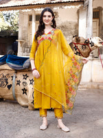 Thumbnail for Alia Cut Hand Embroidered & Floral Embroidered Kurta With Pant & Organza Embroidered Dupatta Luxury Premium, Mustard - Hiral Fashion - Distacart
