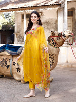 Thumbnail for Alia Cut Hand Embroidered & Floral Embroidered Kurta With Pant & Organza Embroidered Dupatta Luxury Premium, Mustard - Hiral Fashion - Distacart