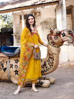 Thumbnail for Alia Cut Hand Embroidered & Floral Embroidered Kurta With Pant & Organza Embroidered Dupatta Luxury Premium, Mustard - Hiral Fashion - Distacart