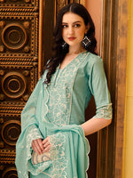 Thumbnail for Pakistani Embroidered Kurta With Pant & Embroidered Dupatta, Green - Hiral Fashion - Distacart