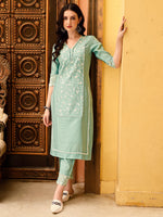 Thumbnail for Pakistani Embroidered Kurta With Pant & Embroidered Dupatta, Green - Hiral Fashion - Distacart