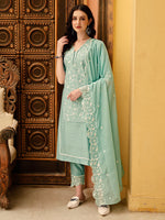 Thumbnail for Pakistani Embroidered Kurta With Pant & Embroidered Dupatta, Green - Hiral Fashion - Distacart