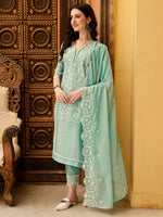 Thumbnail for Pakistani Embroidered Kurta With Pant & Embroidered Dupatta, Green - Hiral Fashion - Distacart