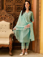 Thumbnail for Pakistani Embroidered Kurta With Pant & Embroidered Dupatta, Green - Hiral Fashion - Distacart