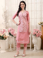 Thumbnail for Pakistani Embroidered Kurta With Pant & Embroidered Dupatta, Peach - Hiral Fashion - Distacart