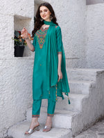 Thumbnail for Embroidered Kurta With Pant & Dupatta, Green - Hiral Fashion - Distacart