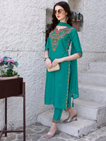 Thumbnail for Embroidered Kurta With Pant & Dupatta, Green - Hiral Fashion - Distacart