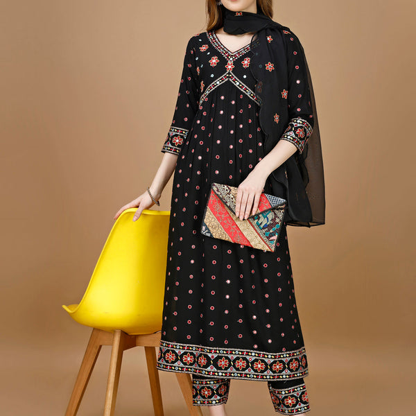 Alia Cut Mirror Embroidered Kurta With Embroidered Pant & Dupatta, Black - Hiral Fashion - Distacart
