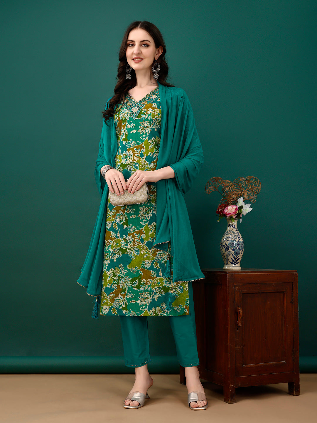 Embroidered & Floral Printed Kurta With Pant & Dupatta, Teal - Hiral Fashion - Dista