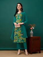 Thumbnail for Embroidered & Floral Printed Kurta With Pant & Dupatta, Teal - Hiral Fashion - Dista