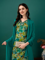 Thumbnail for Embroidered & Floral Printed Kurta With Pant & Dupatta, Teal - Hiral Fashion - Dista