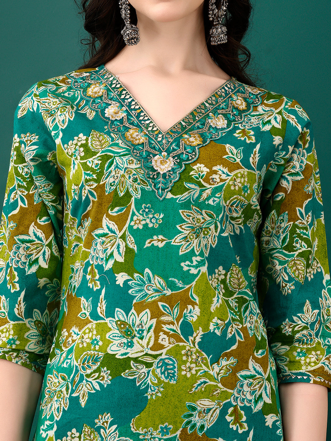 Embroidered & Floral Printed Kurta With Pant & Dupatta, Teal - Hiral Fashion - Dista