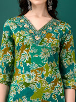 Thumbnail for Embroidered & Floral Printed Kurta With Pant & Dupatta, Teal - Hiral Fashion - Dista
