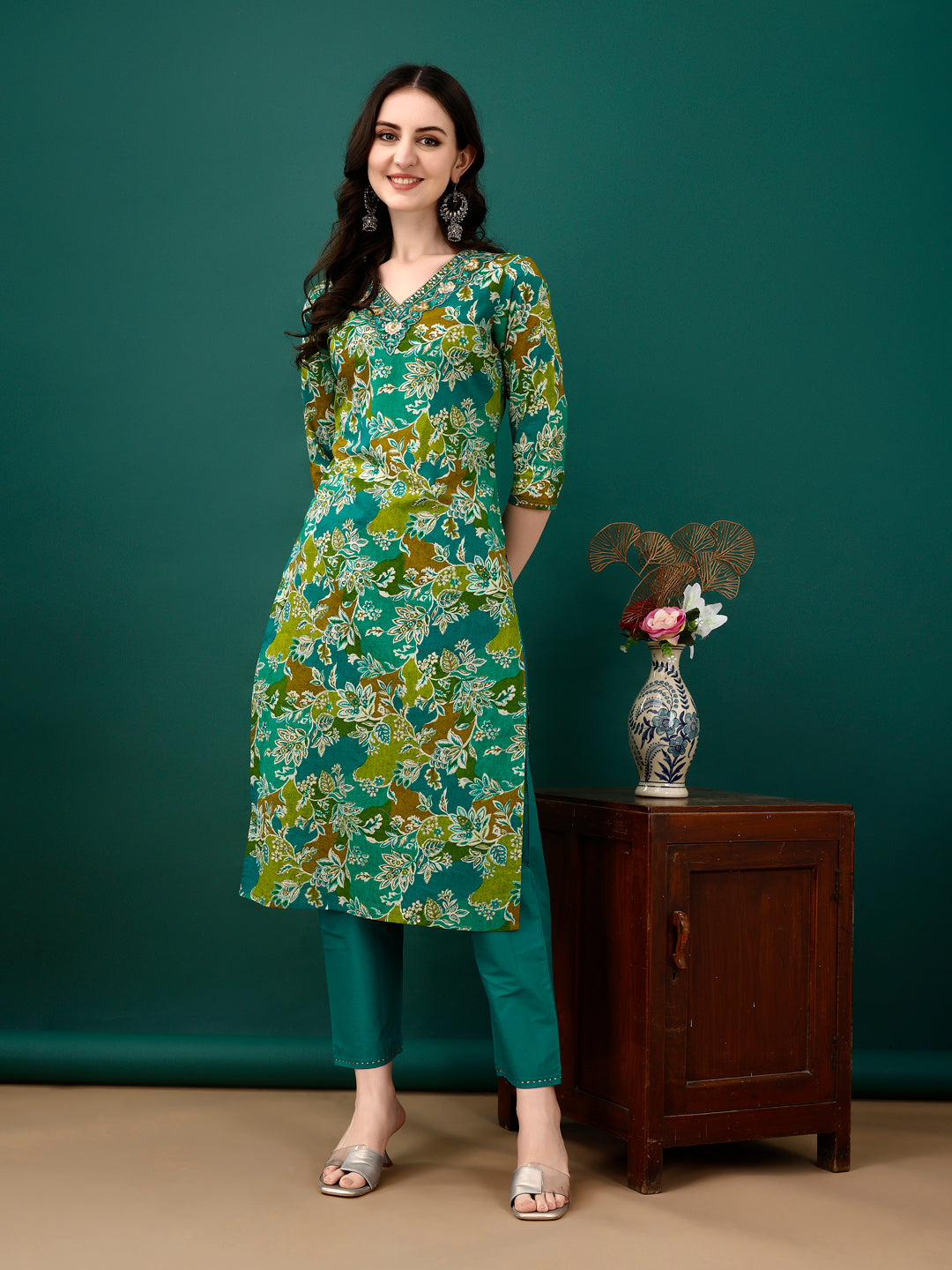 Embroidered & Floral Printed Kurta With Pant & Dupatta, Teal - Hiral Fashion - Dista